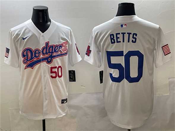 Men%27s Los Angeles Dodgers #50 Mookie Betts White With American Flag Patch Limited Stitched Jersey